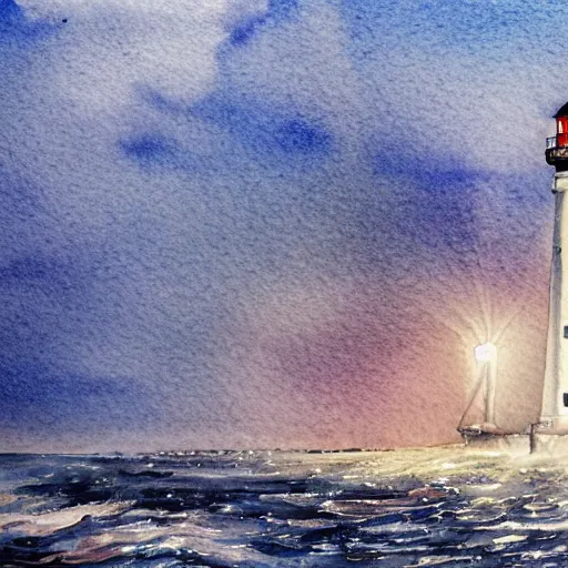 Prompt: Complex hyperdetailed serene masterpiece sketch of a captivating lighthouse, sailboats soaring in the wind, by Orris Moe, complex detailed watercolor painting, cinematic lighting.