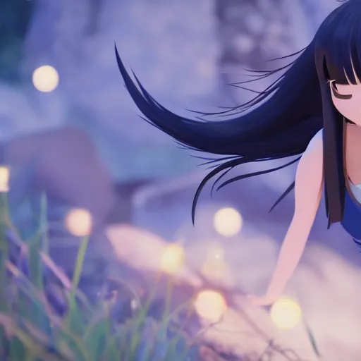 Image similar to a wholesome animation key shot of a girl with long dark blue hair and a raccoon tail, medium shot, studio ghibli, pixar and disney animation, sharp, rendered in unreal engine 5, anime key art by clamp, bloom, dramatic lighting