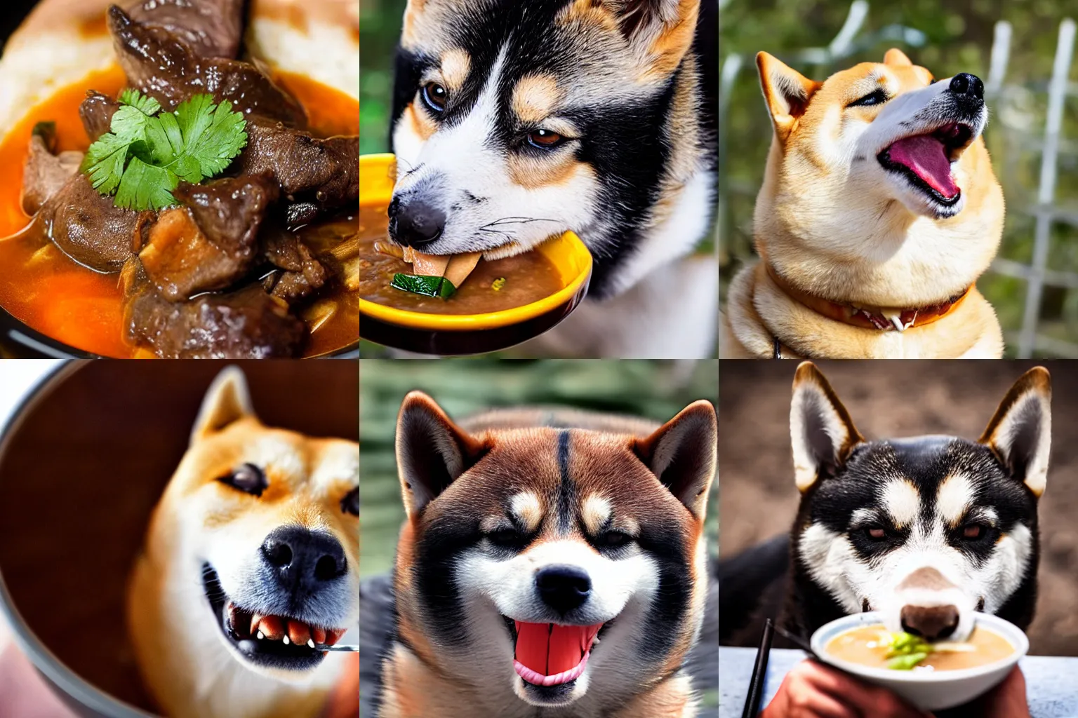 Prompt: closeup headshot photo of shiba passionately tasting the best mutton stew, detailed face details