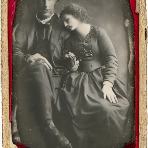 Prompt: Man and woman in love, longshot, daguerrotype