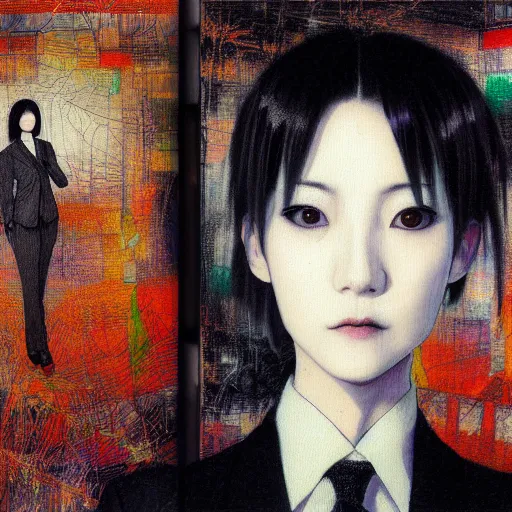 Image similar to yoshitaka amano blurred and dreamy realistic three quarter angle portrait of a young woman with short hair and black eyes wearing office suit with tie, junji ito abstract patterns in the background, satoshi kon anime, noisy film grain effect, highly detailed, renaissance oil painting, weird portrait angle, blurred lost edges