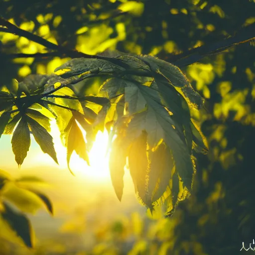 Prompt: closeup photo of tree leafs at sunset, backlighted, professional photo, nikon d 7 2 0 0, f / 1. 8