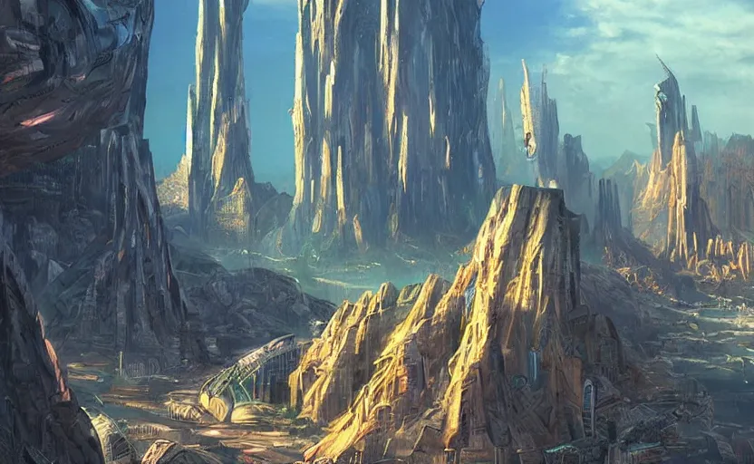 Prompt: a futuristic city on the edge of a canyon cliff, 70s sci-fi art style