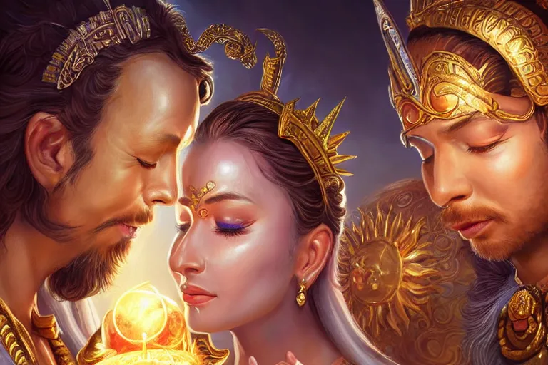 Image similar to close up moment of a divine a sun god and a moon goddess lovers magician at a wedding banquet, highly detailed, d & d, fantasy, highly detailed, digital painting, trending on artstation, concept art, sharp focus, illustration, art by artgerm and greg rutkowski and magali villeneuve