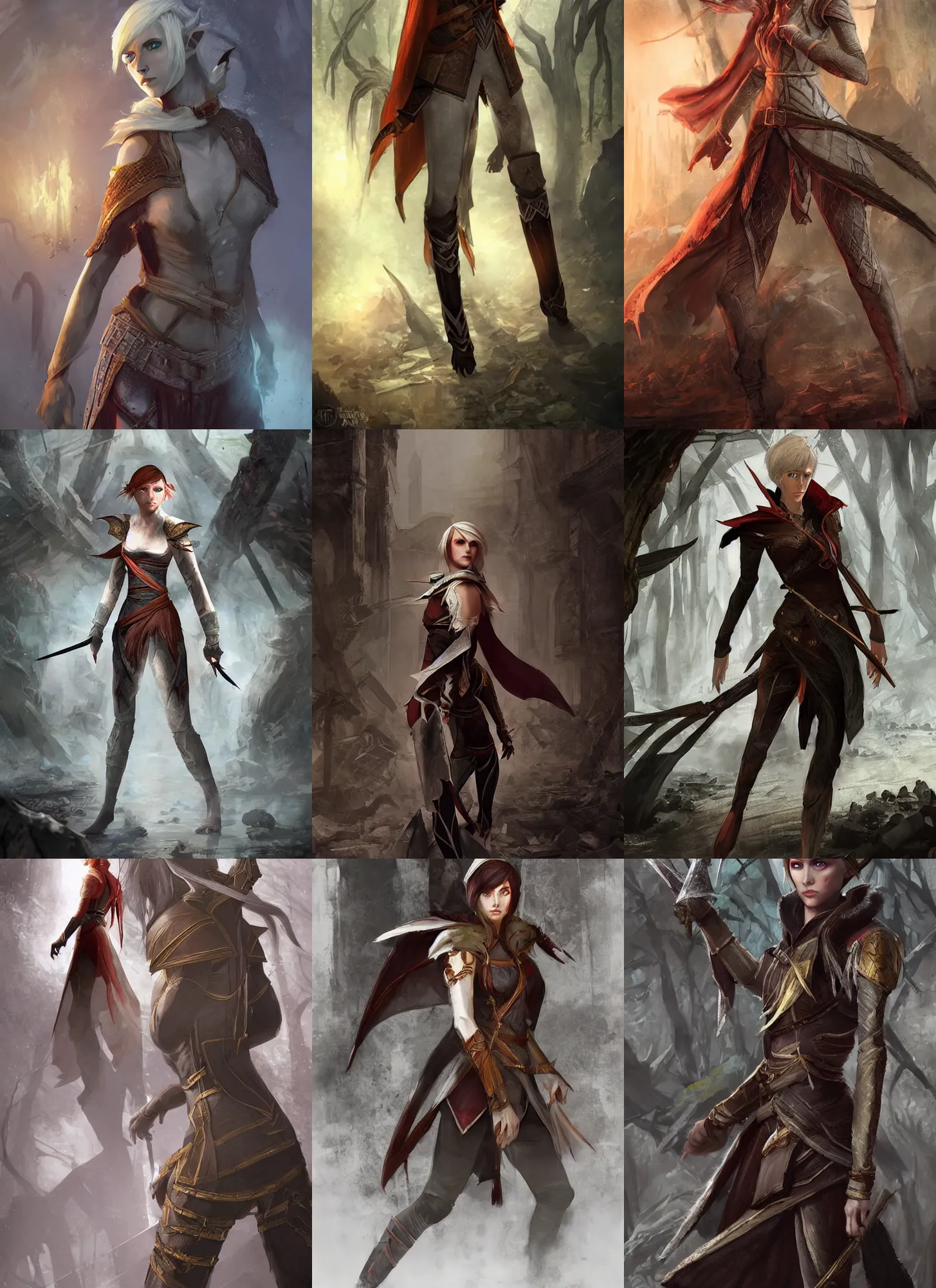 Prompt: full body character portrait of a female elf lavellan from dragon age walking through a destroyed temple wearing assassins clothes, dragon age concept art, dragon age, illustration, digital painting, realistic lighting, with a realistically proportioned face, photorealistic eyes, good value control, realistic shading, john singer sargent