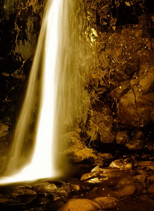 Prompt: a 2 8 mm macro kodachrome photo of a waterfall made of glowing glitter stardust and sparks, flowing into the river in the valley in yosemite national park in the 1 9 5 0's, seen from a distance, bokeh, canon 5 0 mm, cinematic lighting, film, photography, moonlight, long exposure, depth of field, award - winning