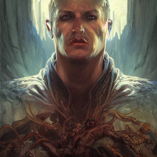 Image similar to An epic fantasy comic book style portrait of a male necromancer, castle setting, horror movie lightning, intricate, elegant, highly detailed, digital painting, artstation, concept art, matte, sharp focus, illustration, art by Artgerm and Greg Rutkowski and Alphonse Mucha