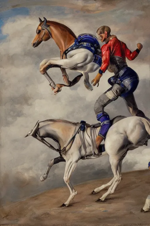 Image similar to a painting of horse wrestles or laying astronaut pilot spaceman on all fours on hands and knees in grappling in closed guard on mount position