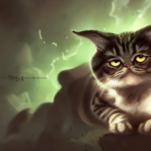 Image similar to scottish fold cat/yoda, magic the gathering artwork, D&D, fantasy, cinematic lighting, centered, symmetrical, highly detailed, digital painting, artstation, concept art, smooth, sharp focus, illustration, volumetric lighting, epic Composition, 8k, art by Akihiko Yoshida and Greg Rutkowski and Craig Mullins, oil painting, cgsociety