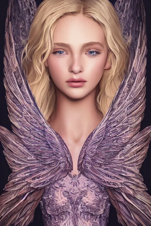 Prompt: beautiful blonde young woman's face, magical, angelic wings, flowers, intricate, synth-wave, retrowave, highly-detailed, elegant, dramatic lighting, gorgeous face, lifelike, photorealistic face, long luxurious intricate gown, digital painting, artstation, illustration, concept art, smooth, sharp focus, art by Craig Russel, Barry Smith, artgerm, and Albert Aublet and Krenz Cushart and Artem Demura and Alphonse Mucha