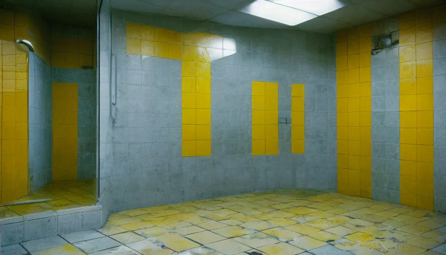 Image similar to 60s movie still of a sovietic stalinist style empty clean prison shower with yellow tiles and tryophobia, cinestill 800t 50mm eastmancolor, liminal Space style, heavy grain