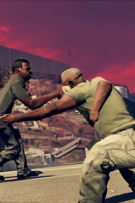 Prompt: kanye west having a fistfight with lester crest from gta v, gameplay, grand theft auto v, strong dramatic cinematic lighting, blood red sky, smooth, sharp focus, extremely detailed