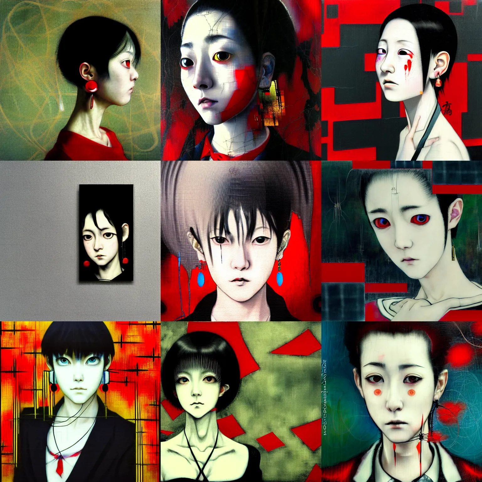 Image similar to yoshitaka amano blurred and dreamy realistic three quarter angle portrait of a sinister young woman with short hair, big earrings, barbed wire and red eyes wearing office suit with tie, junji ito abstract patterns in the background, satoshi kon anime, noisy film grain effect, highly detailed, renaissance oil painting, weird portrait angle, blurred lost edges