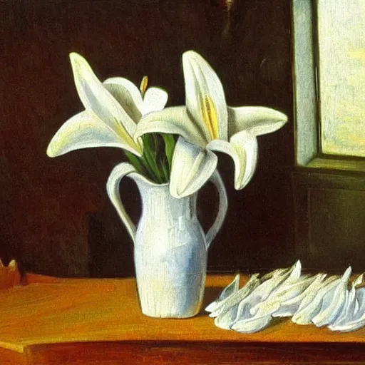 Image similar to white lilies in vase on table, natural lighting, painting by vincent van gough