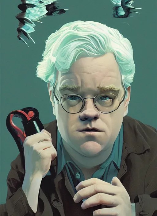 Image similar to poster artwork by Michael Whelan and Tomer Hanuka, Karol Bak of Philip Seymour Hoffman, from scene from Twin Peaks, clean