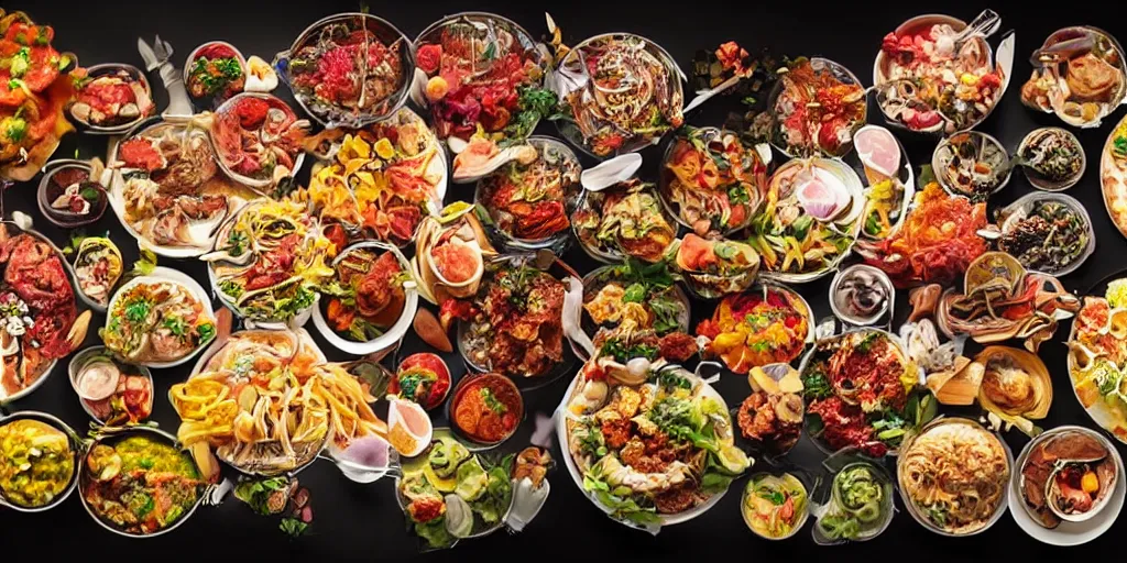 Prompt: a buffet with every food imaginable, realistic, detailed, intricate, food photography, delicious, colorful