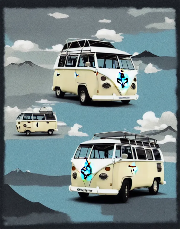 Image similar to front view vw camper touring rural japan, a collage painting, in the style of wes anderson, lola dupre, david hockney, isolated on negative white space background dark monochrome fluorescent spraypaint accents volumetric octane render, not double decker