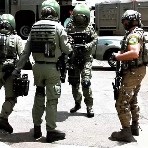 Prompt: a martian being arrested by special forces