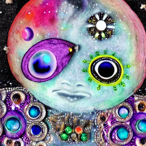 Image similar to alien with jewels for eyes, on exotic dreamy planet, highly detailed, felt, mixed media collage