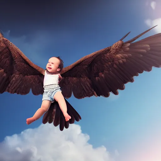 Image similar to A hyper realistic photo of a baby girl flying on an eagle, realistic, dark, cinematic, 8k render, full HD