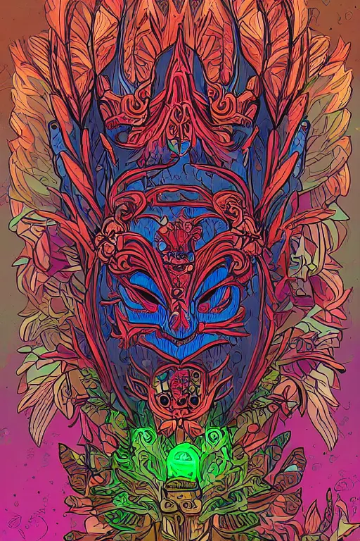 Image similar to animal mask totem roots flower tribal feather gemstone plant wood rock shaman vodoo video game vector cutout illustration vivid multicolor borderlands comics by josan gonzales and dan mumford radiating a glowing aura