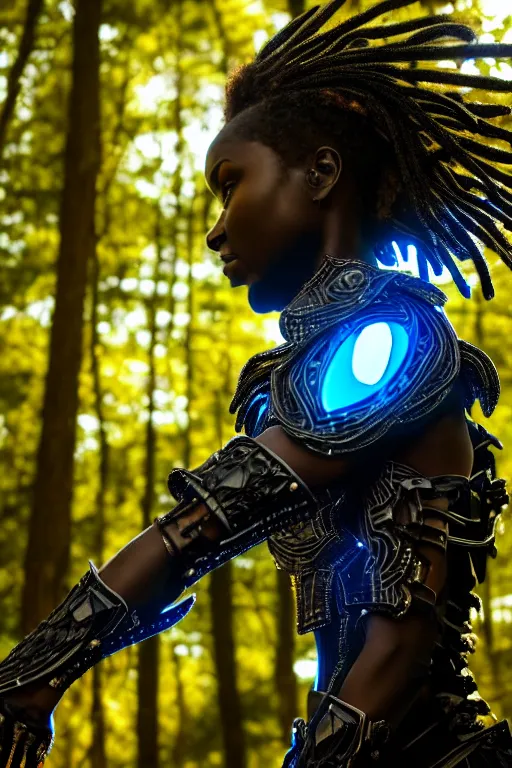 Prompt: hyperrealistic mithra gorgeous black woman intricate exoskeleton bone armor in a forest sun behind her concept art eric zener elson peter cinematic blue light low angle hd 8k sharp shallow depth of field