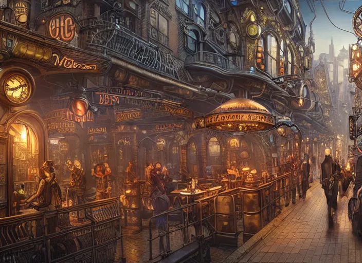 Image similar to an intricately detailed digital illustration of a steampunk metropolitan city - scape inside of a steampunk double bacon cheeseburger, ultra realistic, concept art, intricate details, eerie, highly detailed, photorealistic, octane render, 8 k, unreal engine. art by artgerm and greg rutkowski and charlie bowater and magali villeneuve and alphonse mucha