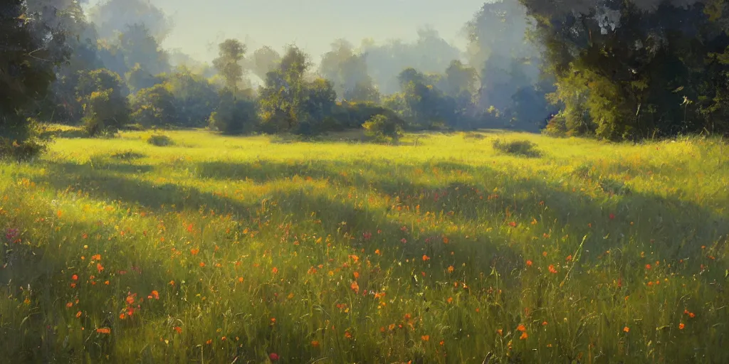 Image similar to a bright oil painting of a beautiful meadow; masterpiece; extremely-detailed; by Craig Mullins