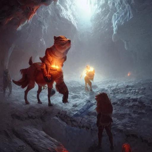 Image similar to riding the warcat into the deep ice cave. melancholy undertones, high fantasy art official contest submission greg rutkowski emissive lighting 3 8 4 0