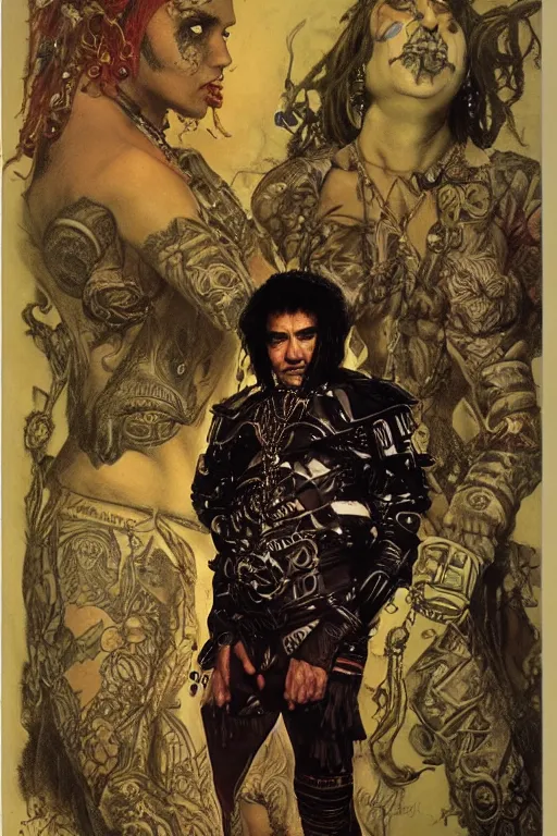 Image similar to full length portrait of temuera morrison as a tattooed gothic punk by lawrence alma tadema and zdzislaw beksinski and norman rockwell and jack kirby and tom lovell and greg staples