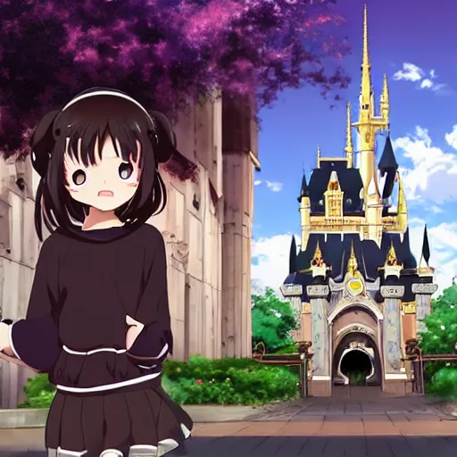 Image similar to menhera - chan, anime girl with long brown hair and black hoodie, posting in front of the wdw castle, kyoani, kyoto animation, key visual