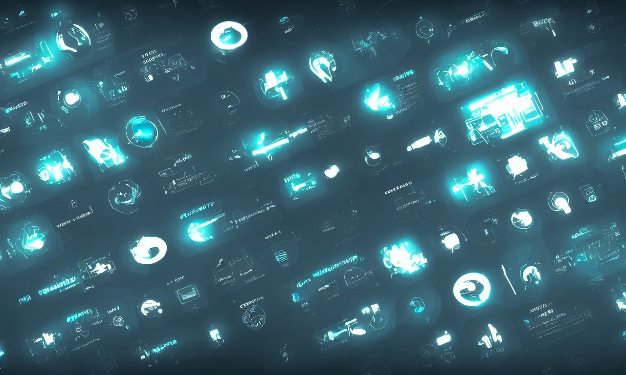 Image similar to futuristic application icons, GUI, software ICONS, operating system icons, design, modern, cinematic lighting, cinematic composition, in blade runner style