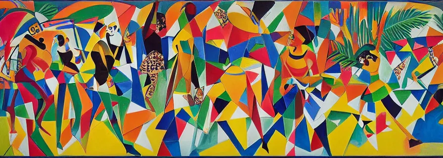 Prompt: party in jungles, girls with a slim figure in carnival skirts and guys in polygonal print shorts dance to the sound of ethnic drums, author zima blue, very elongated lines, wasily kandinsky, malevich, dramatic pop art, color splashes, grain