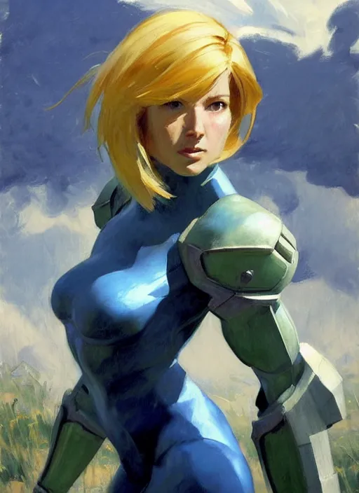 Image similar to Greg Manchess painting of Samus from Metroid Prime, countryside, calm, fantasy character portrait, dynamic pose, above view, sunny day, thunder clouds in the sky, artwork by Jeremy Lipkin and Giuseppe Dangelico Pino and Michael Garmash and Rob Rey, very coherent asymmetrical artwork, sharp edges, perfect face, simple form, 100mm