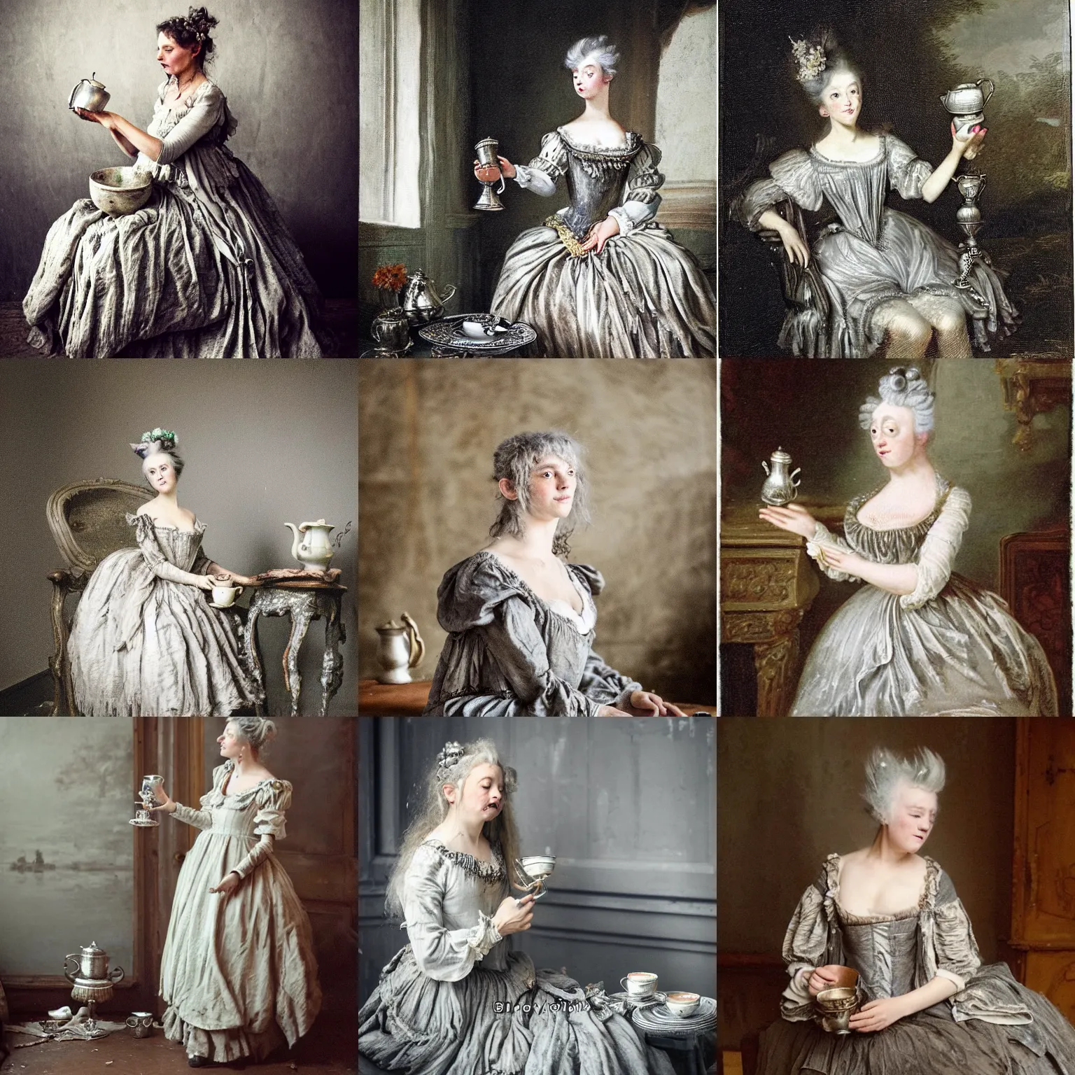 Prompt: A messy, silver haired, (((mad))) princess from the 18th century, dressed in a ((ragged)), dirty, ((18th century silver wedding dress)), is ((drinking a cup of tea)), in her right side is a porcelain tea set. Everything is in underwater (precious, scarry castle). mystical, atmospheric, greenish blue tones, water, seaweed and bubles, dreamlike, atmospheric, (((underwater lights))), underwater, fantasy concept art by Tyler Edlin, John Everett Millais, J.Dickenson, Josep Tapiró Baró and Henry Meynell Rheam