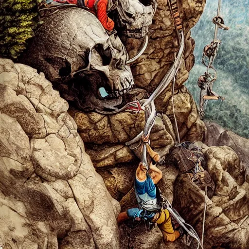 Prompt: groups of adventurer rock climbers climbing a giant ancient dragons skull, very detailed, fantasy art, dungeons and dragons, belaying, ropes, equipment, landscape, cover of national geographic