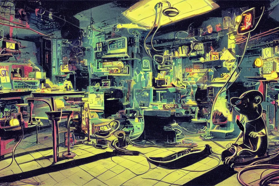 Prompt: mouse in a neon basement, by john kricfalusi and syd mead