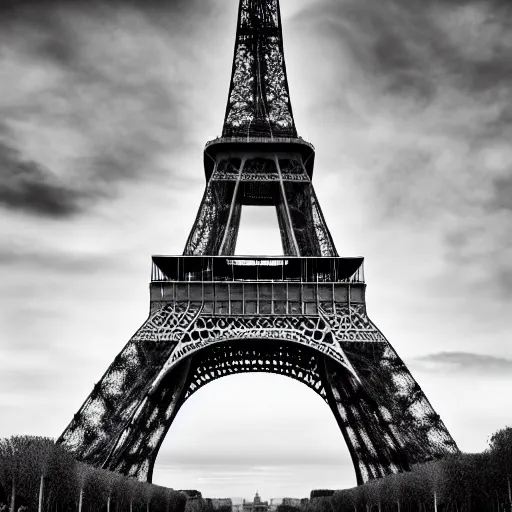 Image similar to the eiffel tower after the zombie apocalypse, dead zombies, black and white, 8k, high resolution, hyperrealistic