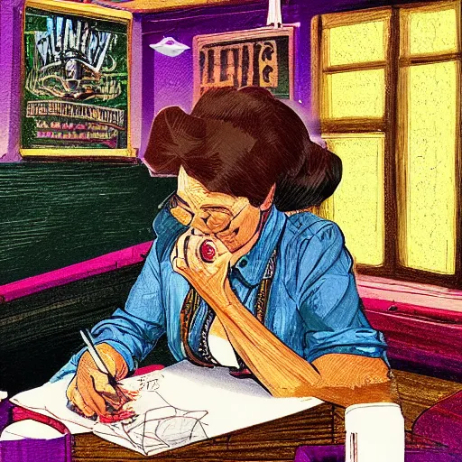 Image similar to a woman rolling a blunt while smoking weed sitting in a old sketchy pub, retro, smoke, digital art, detailed background, hyper realistic,