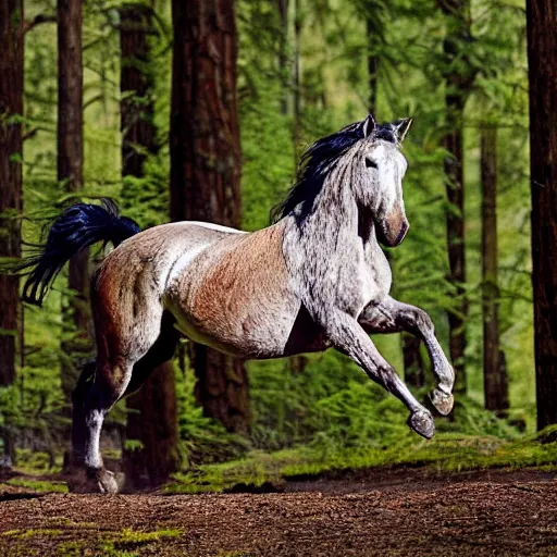 Prompt: a galloping wild horse at an old-growth-forest, by national-geographic