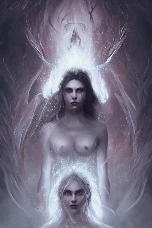 Image similar to a beautiful portrait of celestial Demon women covered in white flames with an intense look on her face by Greg Rutkowski, Sung Choi, Mitchell Mohrhauser, Maciej Kuciara, Johnson Ting, Maxim Verehin, Peter Konig, Bloodborne , 8k photorealistic, cinematic lighting, HD, high details, atmospheric , trending on artstation