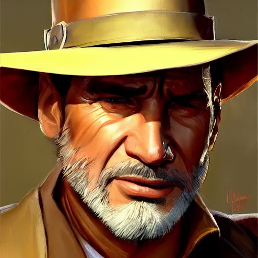 Image similar to greg manchess portrait painting of partially armored indiana jones as overwatch character, medium shot, asymmetrical, profile picture, organic painting, sunny day, matte painting, bold shapes, hard edges, street art, trending on artstation, by huang guangjian, gil elvgren, ruan jia, randy vargas, greg rutkowski