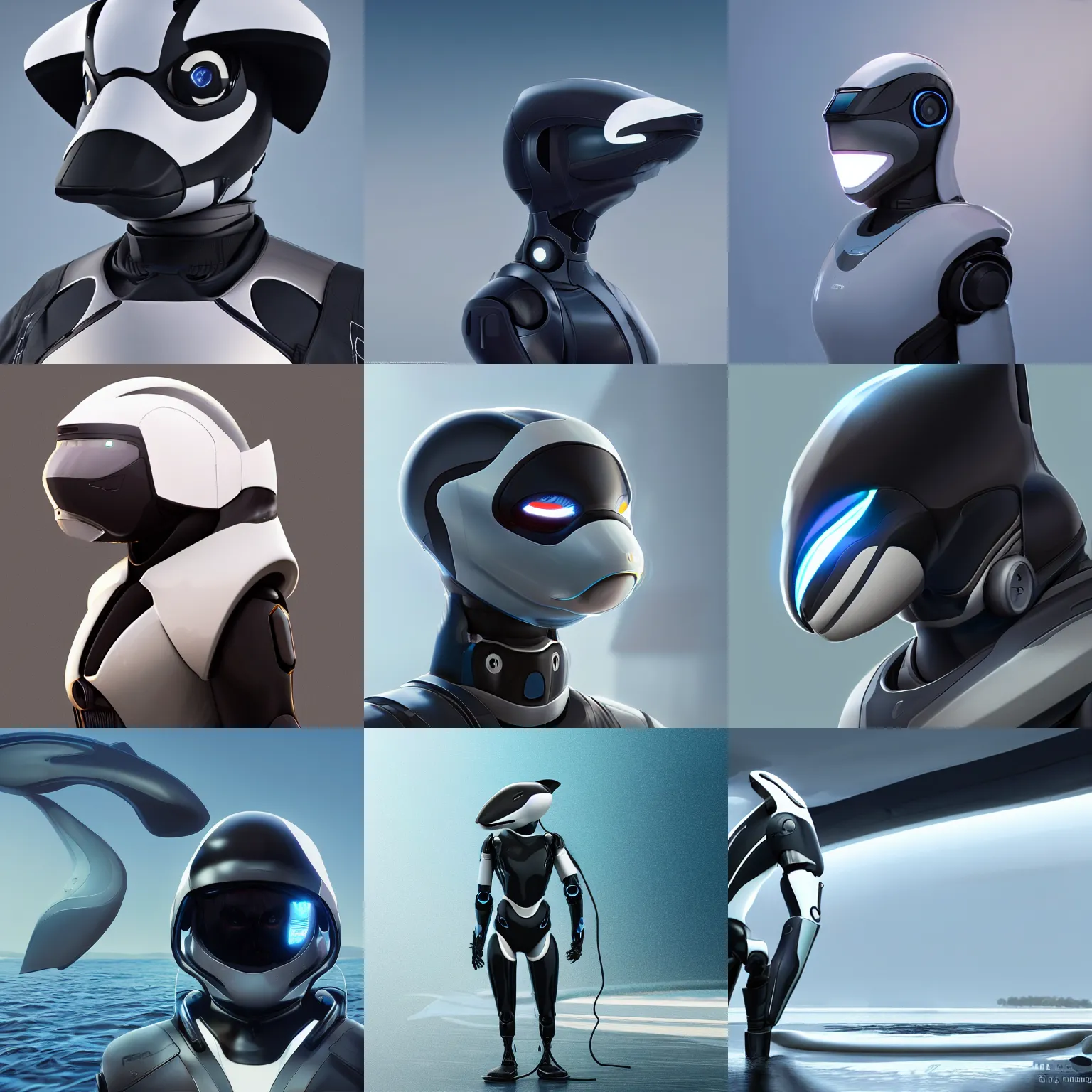 Prompt: male robotic anthro orca, visor screen for face, snout under visor, sleek cool waterproof design, commission on furaffinity, cgsociety, octane render