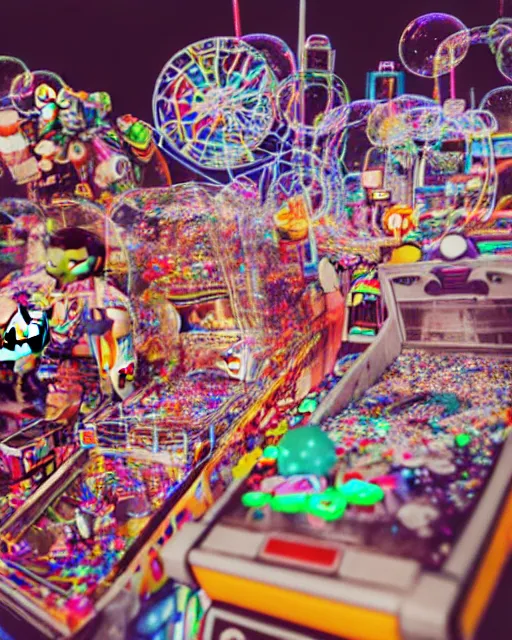 Prompt: crowded city made of arcade machines and buildings made of candy, cute elaborate epic robot, candy colors, pinball machine parts, symmetrical, bubbles everywhere, video game consoles, colored wires, translucent, clear parts, detailed by pokedstudio