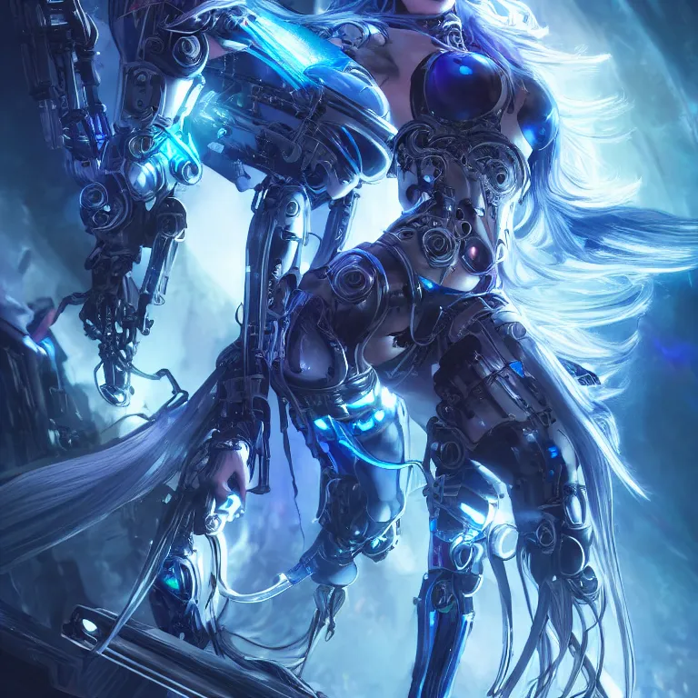 Prompt: beautiful cinematic fantasy poster, a beautiful cyberpunk cyborg female with brilliant silver flowing hair, beautiful blue glowing galaxy eyes fighting a tall black metallic mech with glowing red eyes, wideshot ultrawide angle epic scale, hybrid from The Elden Ring and art direction by Darius Zawadzki ;by artgerm; wayne reynolds art station; cinematic quality character render; low angle; ultra high quality model; production quality cinema model;