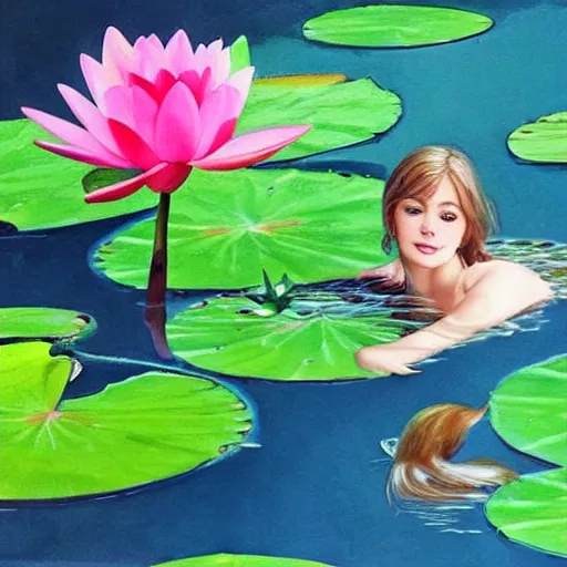 Prompt: girl floating in water, serious, with waterlily flower, bright colors, painting, detailed, magical environment, peaceful, beautiful, artwork, realistic detail