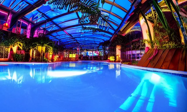 Prompt: indoor pool with ferns and palm trees at night, shops, pool tubes, chromatic abberation, dramatic lighting, dim lighting, horror lighting, depth of field, 80s photo, wideangle, fisheye