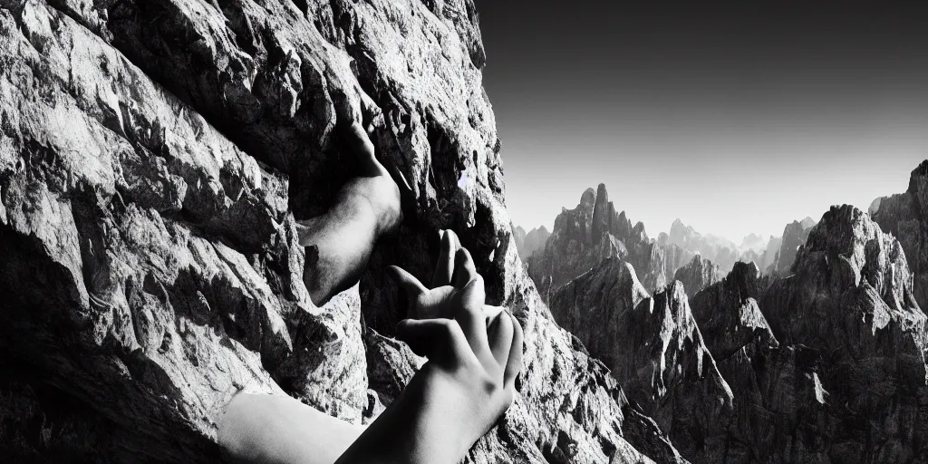 Image similar to ego perspective photography of hands holding climbing mountain in the dolomites, climbing, dolomites, alpine, detailed intricate insanely detailed octane render, 8k artistic 1920s photography, photorealistic, black and white, chiaroscuro, hd, by David Cronenberg, Raphael, Caravaggio