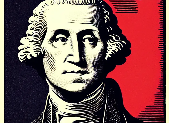 Prompt: portrait of George Washington,linocut,modern art deco, Mads Berg, Karolis Strautniekas,small finely stippled light, dramatic lighting,fine texutre,propaganda poster, editorial illustration, detailed, matte print, film noir, dynamic composition,moody,dark red, dark blue, beige, black, bauhaus, 1920s, 1930s