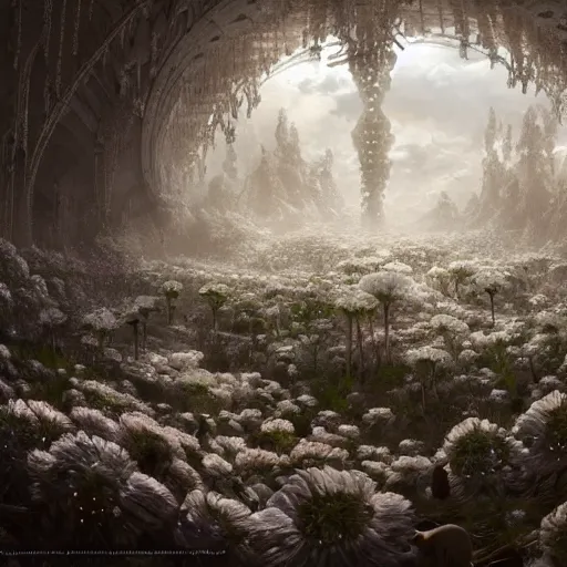 Image similar to intricate bio - mechanical white flowers intertwined with human bio - mechanical organs, intricate environment, matte painting, cinematic, epic composition, highly detailed, atmospheric, wide angle, artstation trending